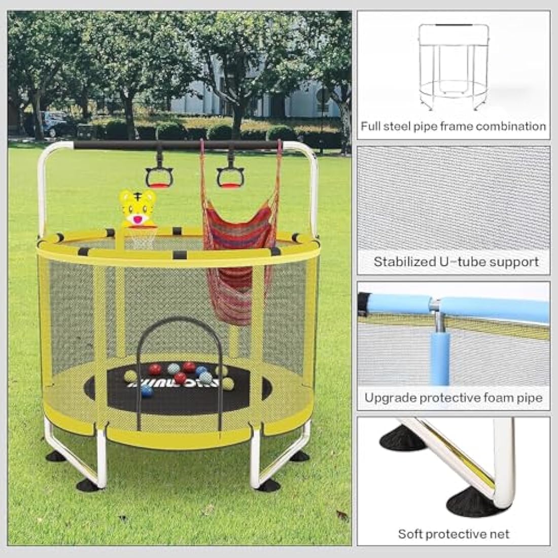 Trampoline for Kids, Adjustable Baby Toddler Trampoline with Basketball Hoop, 220lbs Indoor Outdoor Toddler Trampoline with Enclosure