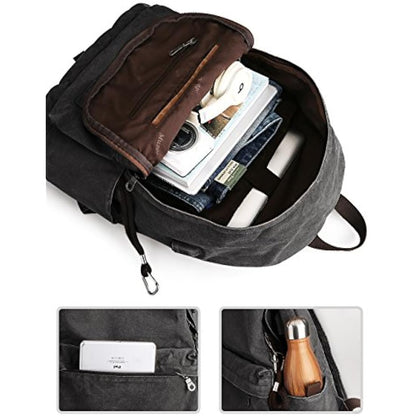 Muzee Canvas School Backpack with 15.6 inch Laptop for Men Women, Lightweight Anti-Theft Travel Daypack College Student Backpack Mit USB Charging Port