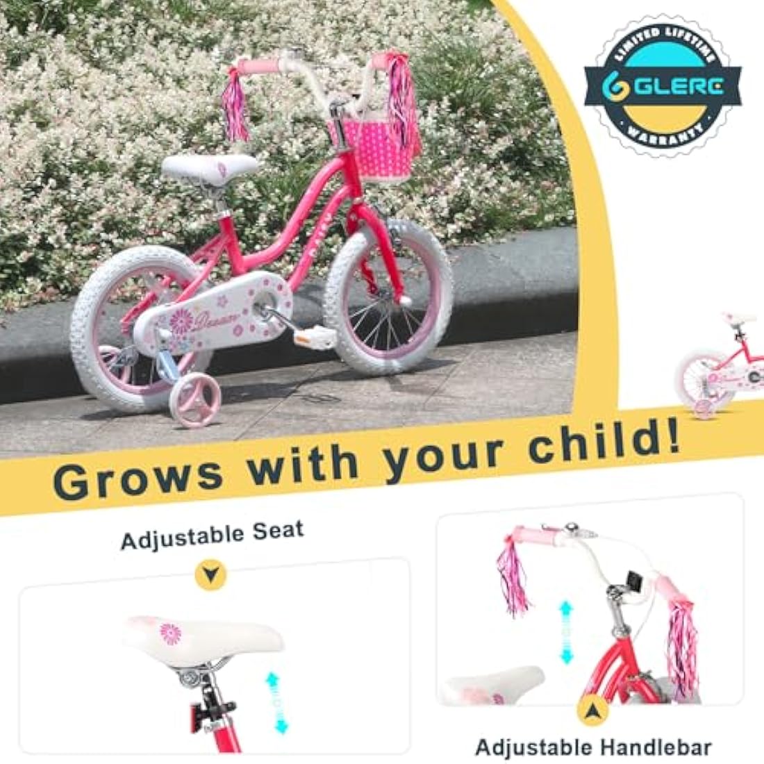 Glerc Daisy 12  Inch Girls Bike for 2-7 Years Kids with Stabilisers Basket Streamers and Bell,Multiple Colors