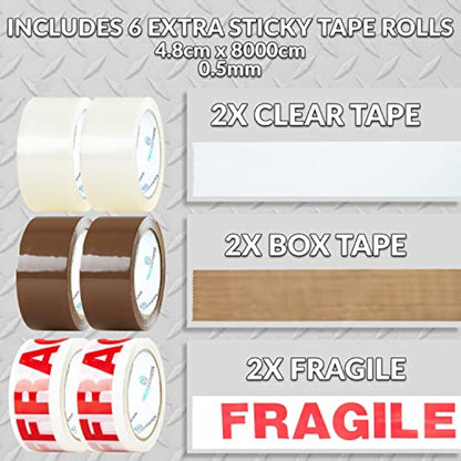 DECO EXPRESS Packaging Tape Dispenser Gun and 6 Rolls Parcel Tape Strong Brown Fragile Clear Heavy Duty for Packing Boxes Moving House Essentials (Dispenser Mixed, 1 Pack)
