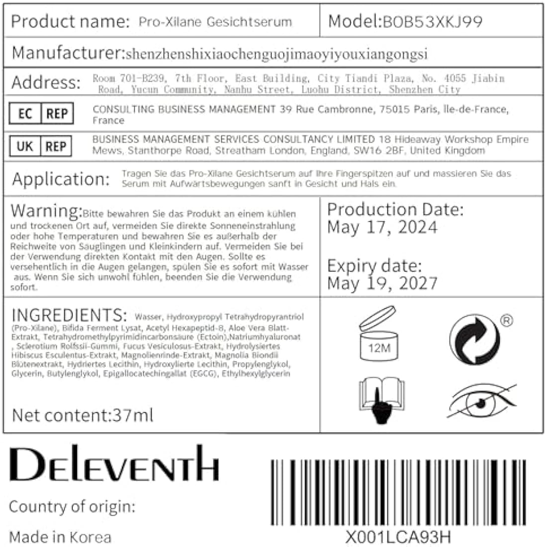 DEleventh Korean Brand Pro-Xilane Face Serum 37ml / Anti-Aging & Anti-Wrinkle, with Bifida Ferment Lysate, Acetyl Hexapeptide-8, and Hyaluronic Acid for a Youthful, Hydrated, and Radiant Complexion