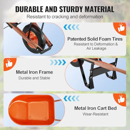 VEVOR Wheelbarrow, 6 Cu. Ft 330 lbs Capacity, One Garden Dump Barrow with Metal Handle & 16" Wide Track Wheels, Easy Loading Utility Yard Cart & Wagons for Lawn Farm, Orange+Black