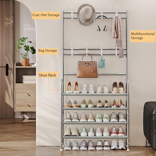 Dazioter Coat Rack Shoe Rack With Storage Shelf Freestanding with 8 Hooks for Entryway Bedroom (Grey, 4Tier)