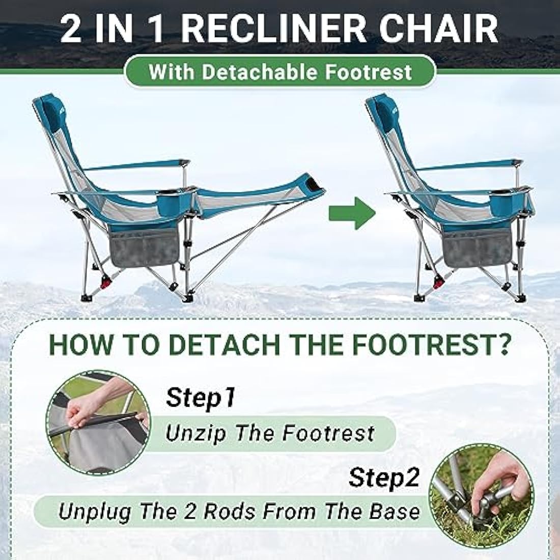 #WEJOY Camping Chairs Folding Recliner Chair Adjustable with Detachable Footrest Headrest Cup Holder Lightweight Portable Reclining Camp Chair Fold Up Chair for Outdoor Beach Garden,Cyan