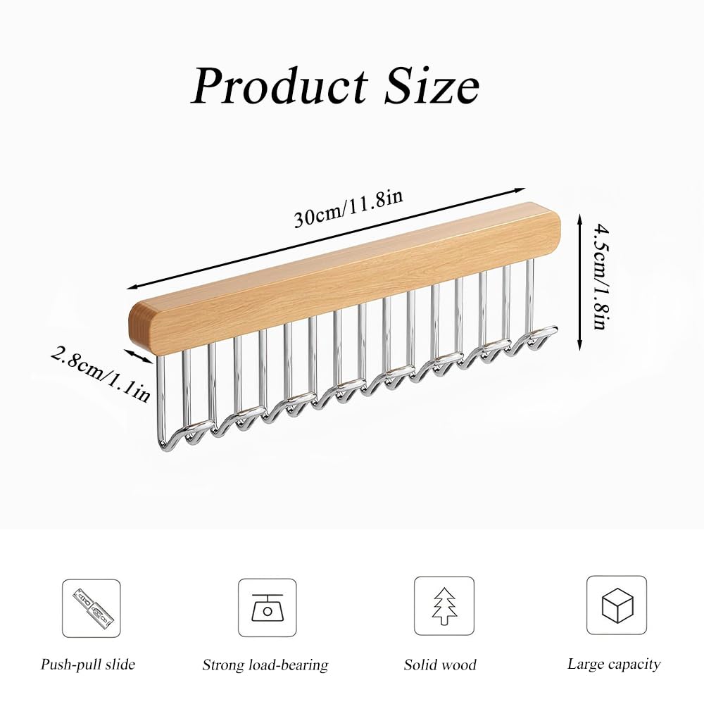 2 Pack Pull Out Belt Hanger for Closet, Wooden Hanger (8 Hooks, Left Pull)