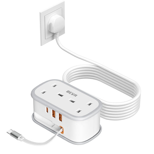 Travel Extension Lead, BEVA Power Strip with Retractable USB C Cable, 2 Way Power Socket with 3 USB Ports (1 USB C), 1.5M Extension Cable Cords for