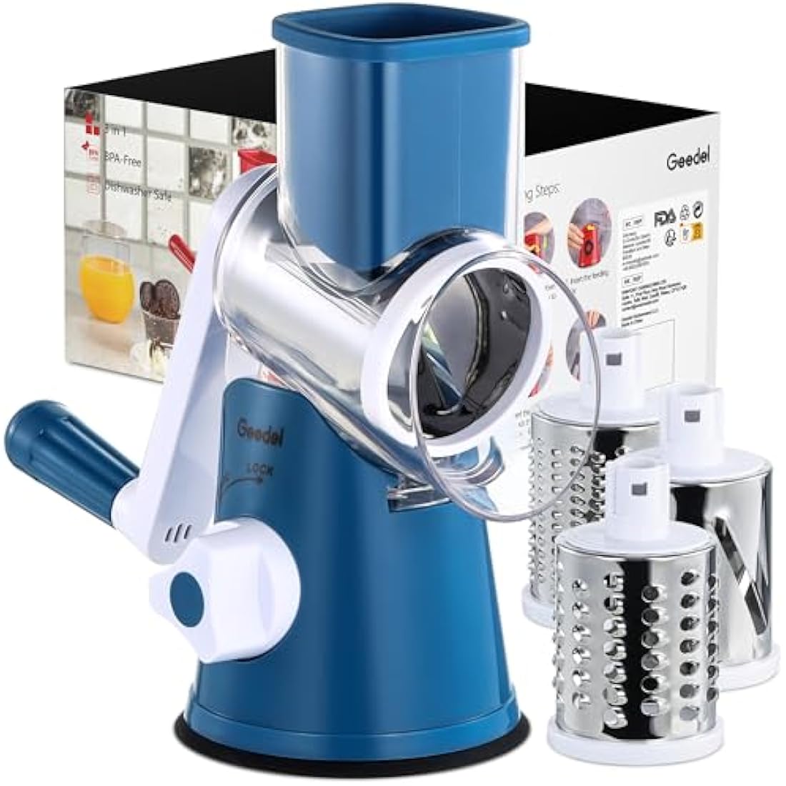 Rotary Cheese Grater, Vegetable Slicer with Three Drum Blades, Grater for Kitchen Faster and Easy Cutting, Rotary Drum Grater Ideal for Cheese, Cucumber, Carrot, Nuts, etc.