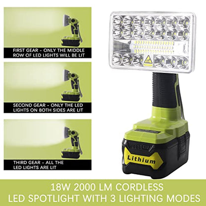 Torch for Ryobi 18v Battery, LED Work Light for Ryobi 18v Battery, 18W 2000LM LED Project Light Portable Floodlight and Spotlight Combo for Camping