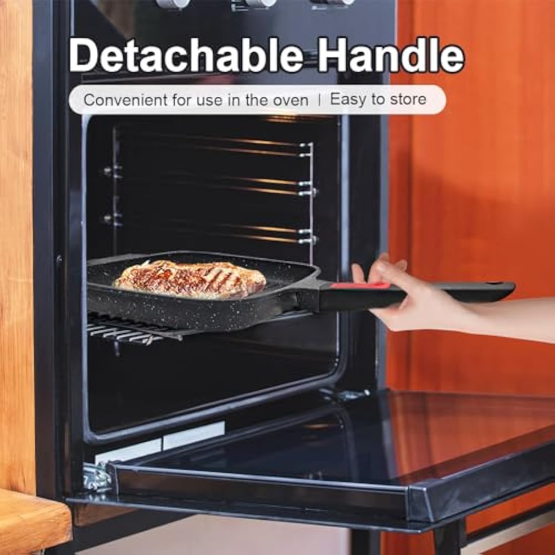 RANX INGST Griddle Pan with Lid, 26 x 24 cm Cast Aluminium Non Stick Steak Pan with Detachable Handle for Induction Hob, Black