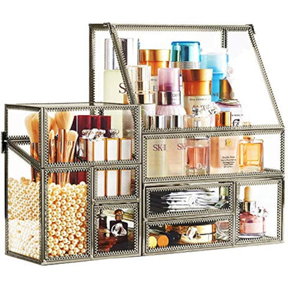 Hersoo Glass Antique Brass Stackable Drawer Set Makeup Organizer for Vanity Antique Countertop Vanity Cosmetic Storage Box Mirror Glass Beauty Display