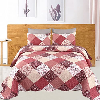 Qucover Quilted Bedspread Super King 250x270cm, Multicolour Print Bright Red Pink Beige Patchwork Quilt with 2 Pillow Shams, Lightweight Soft