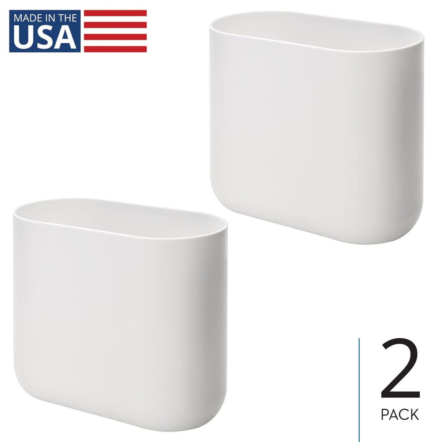 iDesign Small Oval Plastic Bathroom Trash Cans - Ideal for Bathroom, Bedroom, or Office - Set of 2 - White