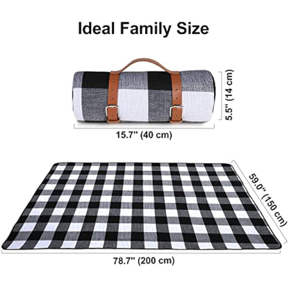 Ben & Bel Water/Sand/Dirt-resistant Picnic Blanket with PU Handle, Outdoor-Ready Black & White Square, 150x200cm XL