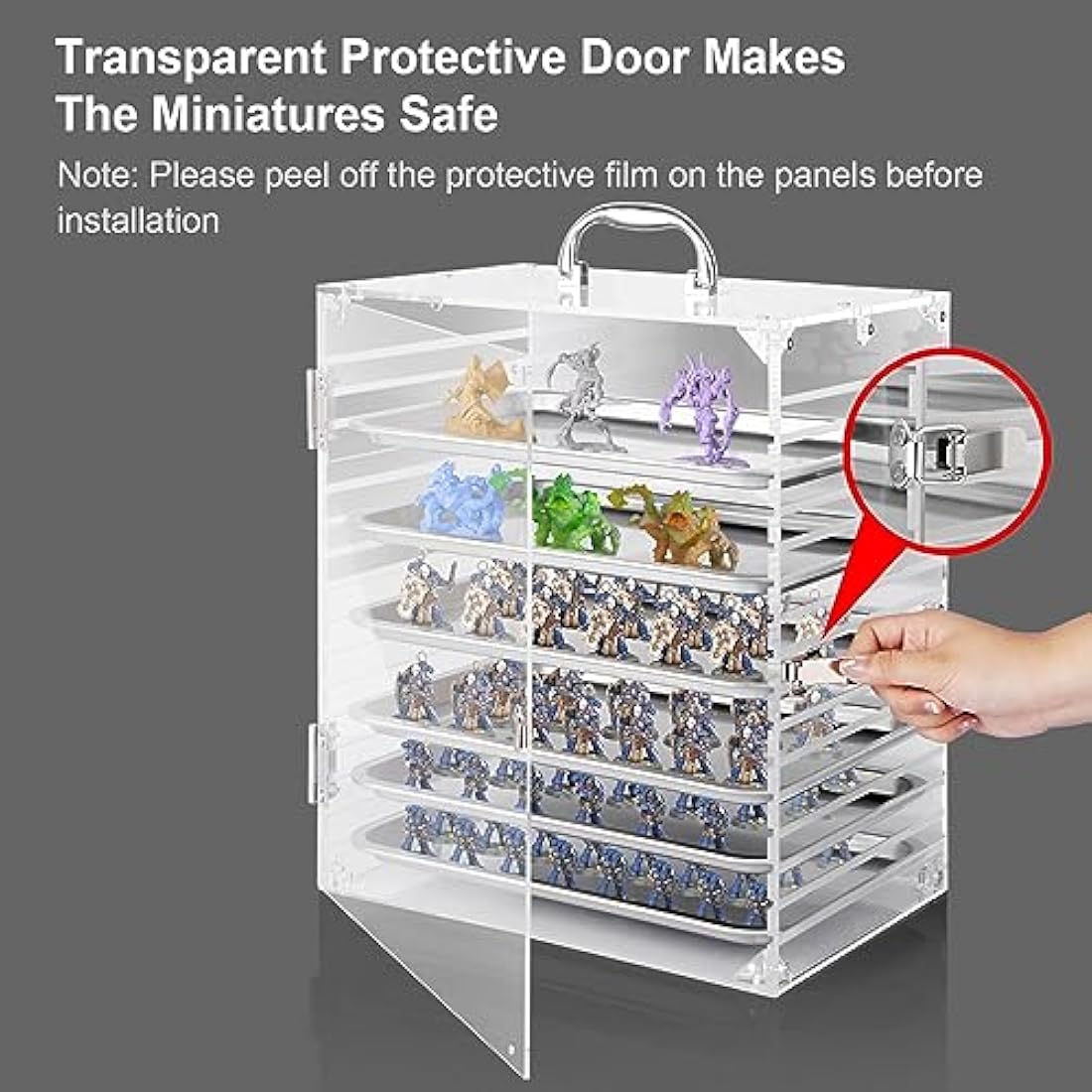Famard Miniature Carrying Case for Collectibles Miniatures Storage, Clear Acrylic Action Figure Display Case with Protective Door Compatible with Warhammer 40k,DND&More
