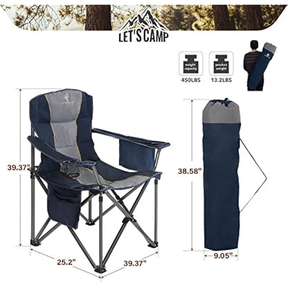 LET'S CAMP Folding Camping Chair Oversized Heavy Duty Padded Outdoor Chair with Cup Holder Storage and Cooler Bag, Support 200 KG with Thicken 600D Oxford