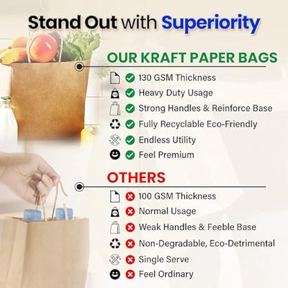 HURUC 30 Pcs Brown Paper Bags With Handles,130GSM, Small Paper Gift Bags, Eco-Friendly Kraft Shopping Carrier, Christmas, Easter, Birthday Parties & Merchandise Retail 18x24x8cm