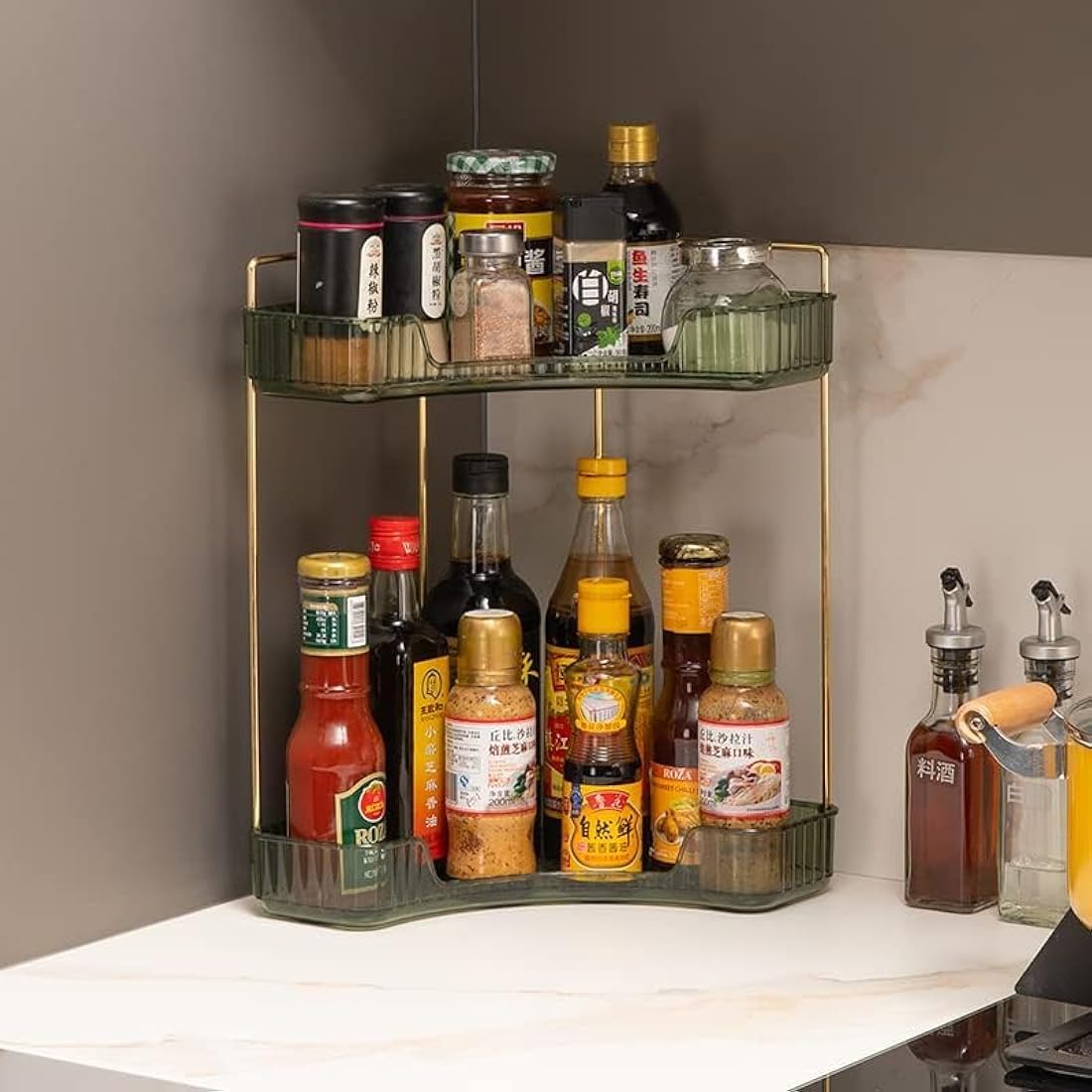 Baoswi 2-Tier Green Corner Makeup & Skincare Organiser, Perfume & Dressing Table Organiser, Triangle Corner Storage