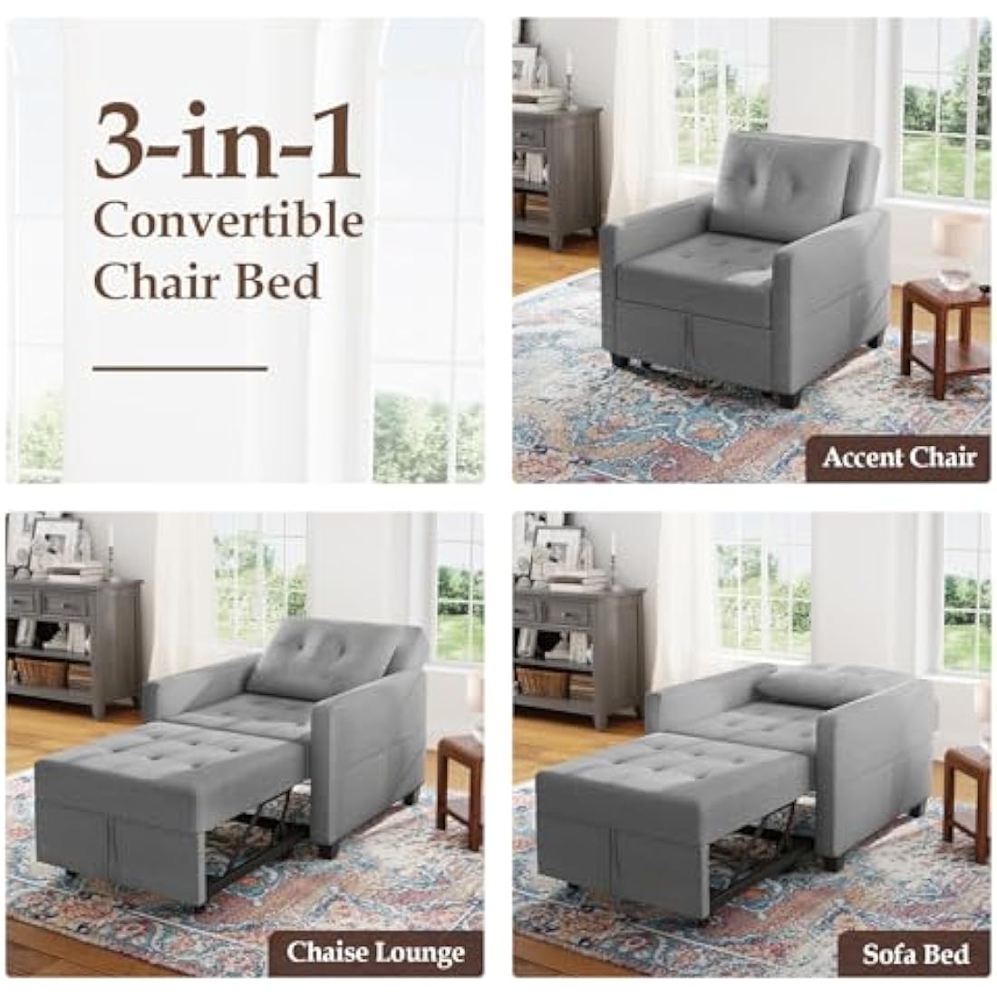 Vesgantti 3 in 1 Sofa Bed Light Grey, Convertible Sleeper Chair Bed with Adjustable Backrest, Fabric Single Sofa Bed Chair with Side Pockets, Foldable Sofa Bed, Pull Out Sofa Bed for Living Room