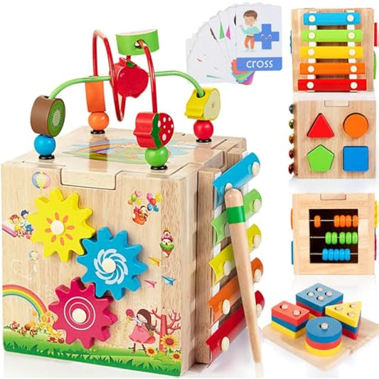 Wooden Activity Cube | 8-in-1 Montessori Toys for 18M+ Toddlers, One Year Old First Birthday Toy, Baby Toy Set with Bonus Sorting & Stacking Board
