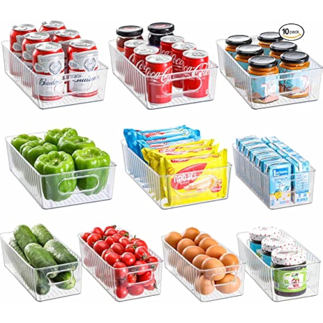 HNNJCK Fridge Organisers Set of 10, Clear Fridge Storage Containers, Multifunctional Kitchen Cupboard Organiser, Refrigerator Storage Bins for Kitchen, Pantry, Cabinet - BPA Free
