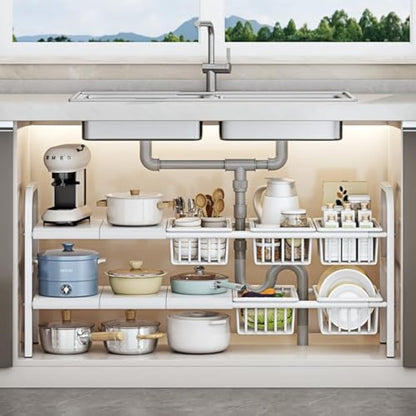 Under Sink Storage Kitchen Organiser,2 Tier Extendable Under Sink Shelf Organiser,With 5 Removable Panels And 5 Storage Basket,Stainless Steel Pipes - White