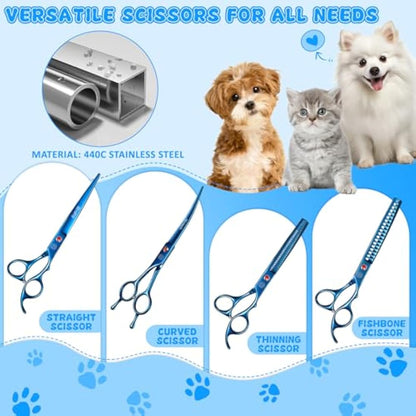 Moontay Dog Grooming Scissors Set Professional, 7 Inch Pet Grooming Scissors, 8 in 1 Straight, Curved, Thinning, Fishbone Scissors with Comb, Tension Adjuster, Cleaning Cloth and Storage Case, Blue
