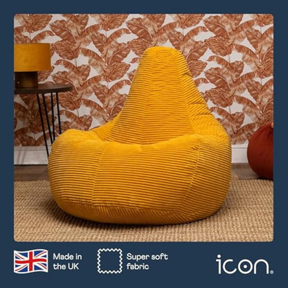 icon Dalton Cord Recliner Bean Bag, Ochre Yellow, Large Adult Bean Bag Chair with Filling Included, Comfy Chair, Living Room Furniture, Bedroom Furniture
