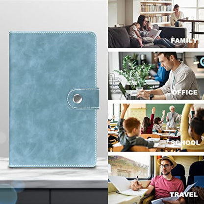 FYY Leather A6 Ring Binder Notebook, 6 Ring Binder with A6 Refill Papers, Binder Pockets and Subject Dividers Paper Sheet, Travel Binder Journal Personal Planner with Ring Binder Cyan