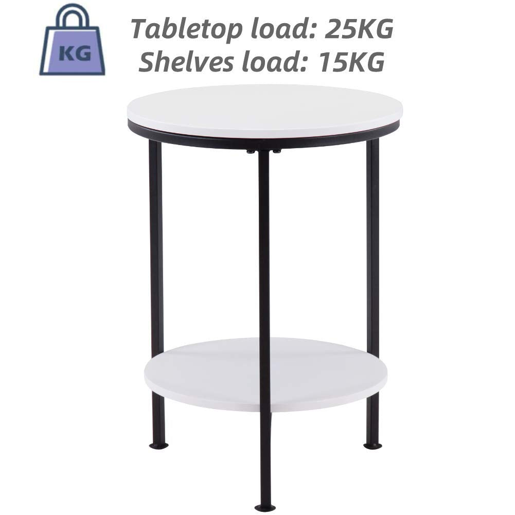 GOLDFAN Small Side Table Modern Round Coffee Table End Metal Lamp Table with 2 Tier Shelves for Living Room Bedroom,White