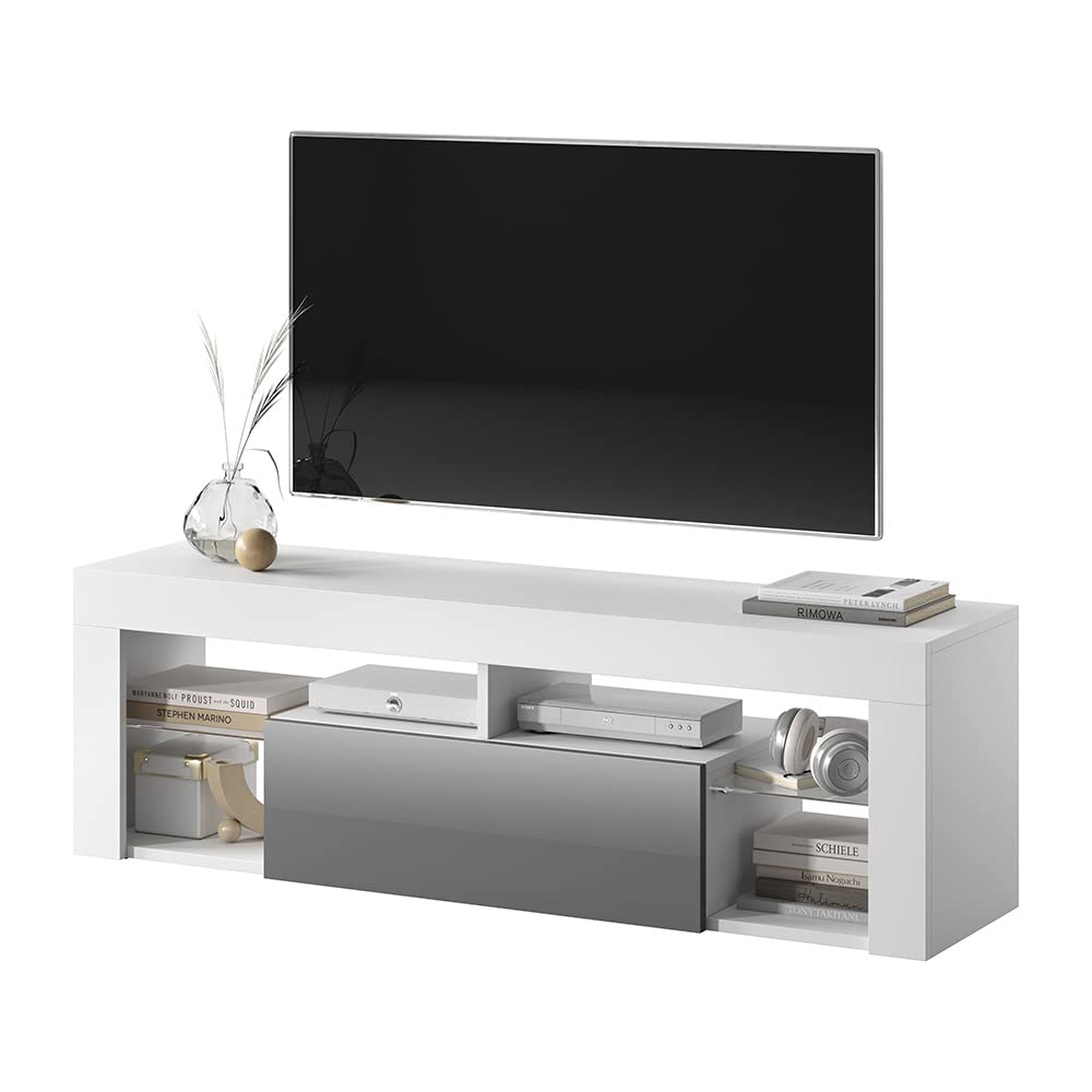 Selsey Bianko 5902409942118 TV Cabinet with Hinged Door, Laminated Plate, Matt White/Grey High Gloss, 35 x 140 x 51 cm