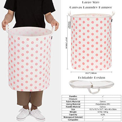 Sea Team 19.7 Inch Large Sized Waterproof Coating Ramie Cotton Fabric Folding Laundry Hamper Bucket Cylindric Burlap Canvas Storage Basket with Stylish Pink Dot Design