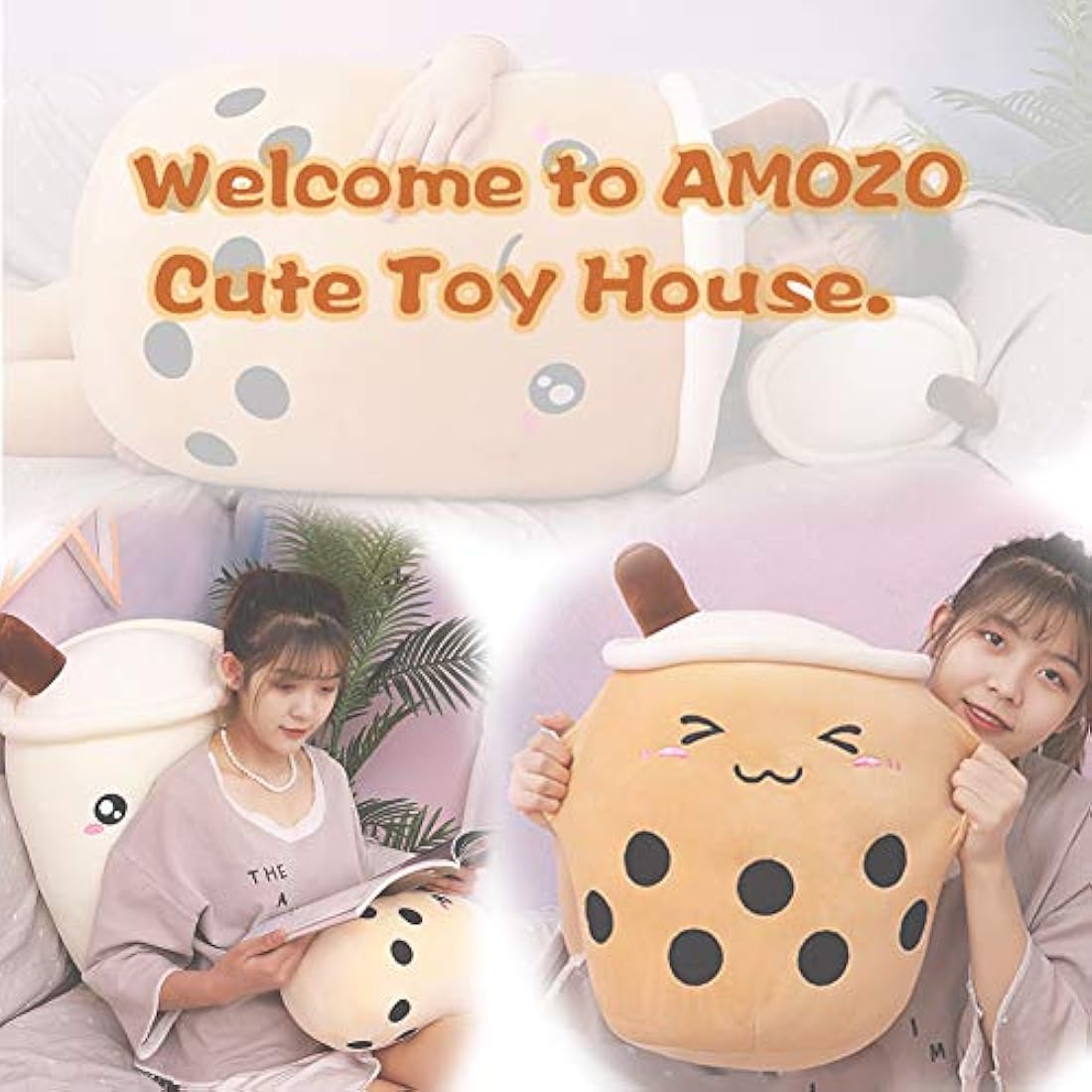 AMOZO Cute Cartoon Boba Milk Tea Soft Plush Doll, Giant Boba Bubble Plushie Stuffed Tea Cup Pillow Gift Toys(Beige,24cm)