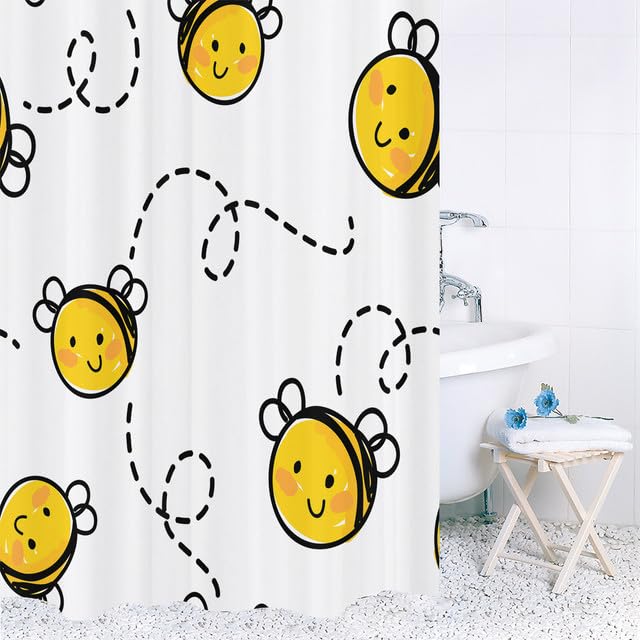 GardEssere Yellow Baby Bee Honey Cute Flying Happy Honeybee Cartoon Insect Shower Curtain for Bathroom White Bath Curtain with 12 Hooks Waterproof