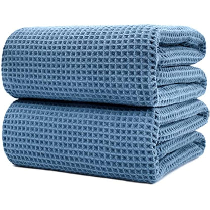 POLYTE Microfibre Quick Dry Lint Free Bath Sheet, 89 x 178 cm, Set of 2 (Blue, Waffle Weave)