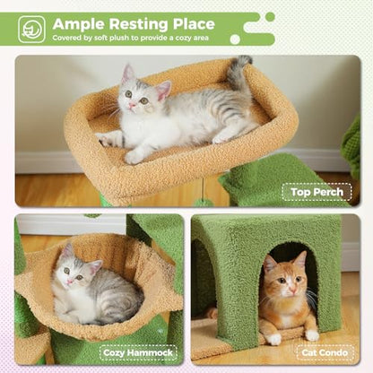 PAWZ Road Cactus Cat Tree for Indoor Cats with Large Condo, 1 Sisal Board, 3 Scratching Posts, Cat Scratching Tower with Large Hammock&Perch 90cm