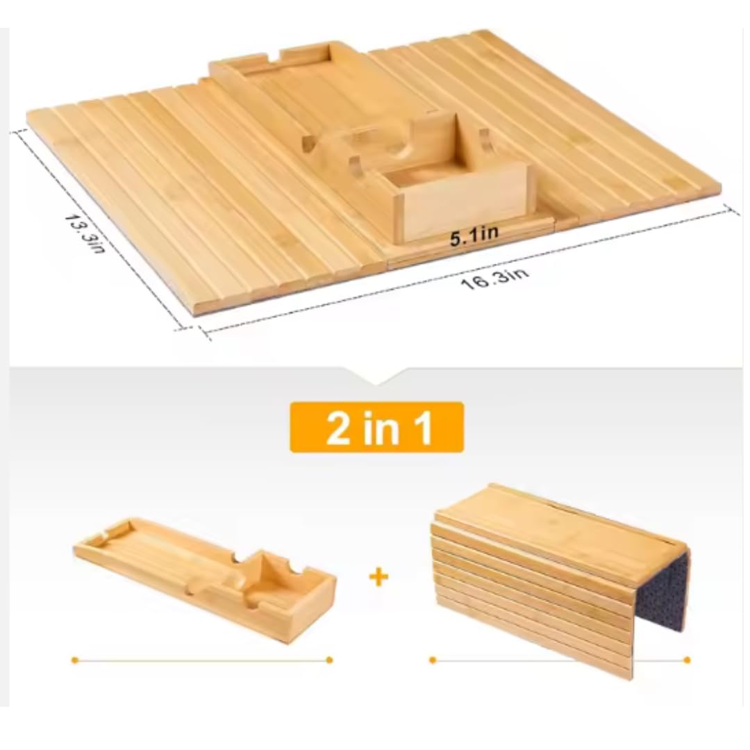 Naturebuz 2-in-1 Wooden Sofa Tray Table with Detachable Tray Bamboo Armrest Table Non-Slip fCups, Remotes, Bottles, Food, Drinks and Phones