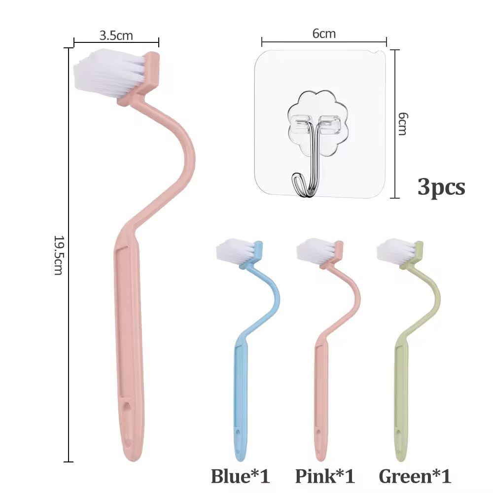 3Pcs Toilet Brushes Small Curved, Plastic Toilet Cleaning Brush, Rim Cleaner, Under Rim Toilet Scrubber with Transparent Adhesive Hooks for Bathroom