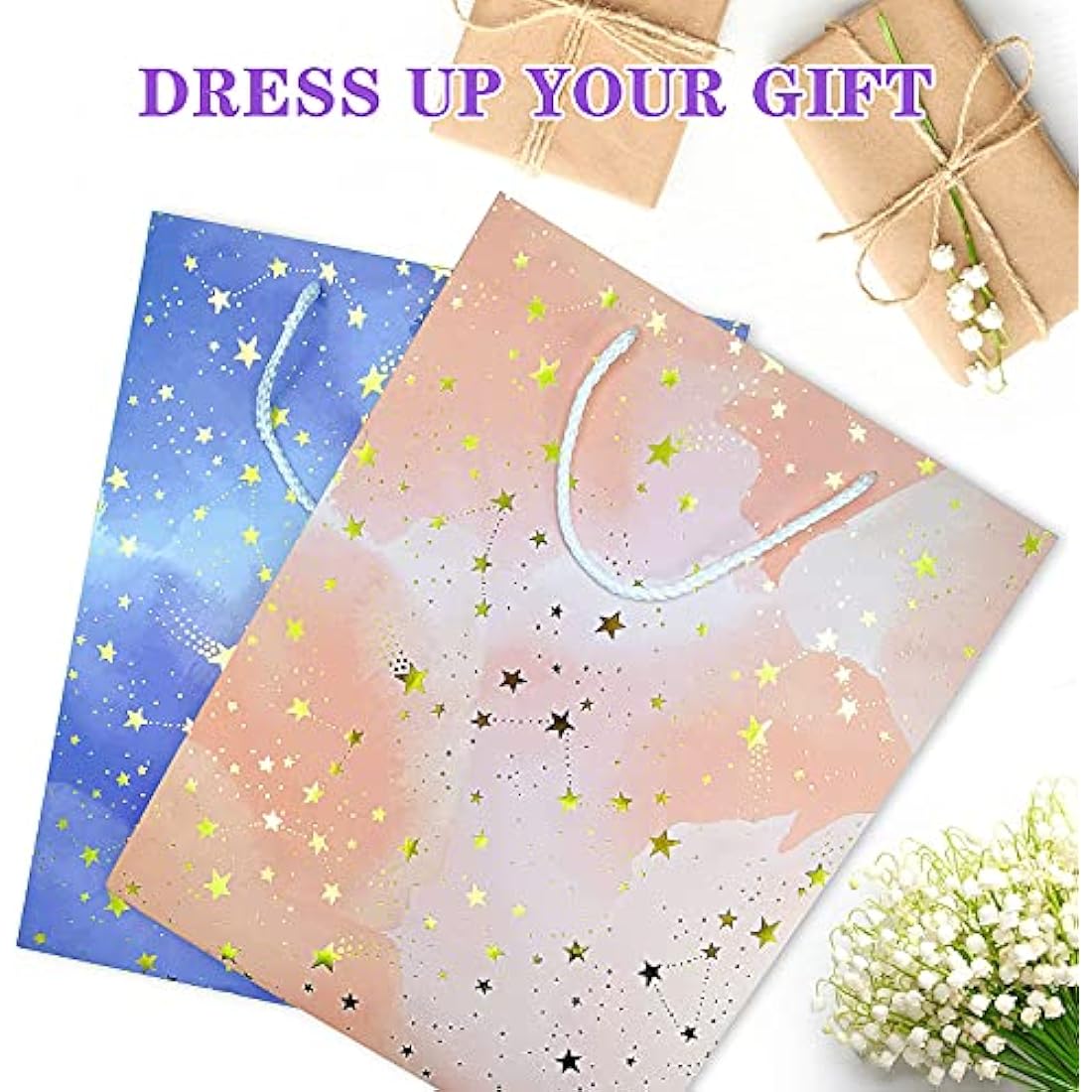 Gift Bag Large-2 Gift Bags with FREE 4 Tissue Paper-Birthday Gift Bag Set with Handle-Paper Gift Bags for Present-Pink and Blue Gift Bags for Women Men Kids Boy Girl Present Bag for Birthday Party Bag