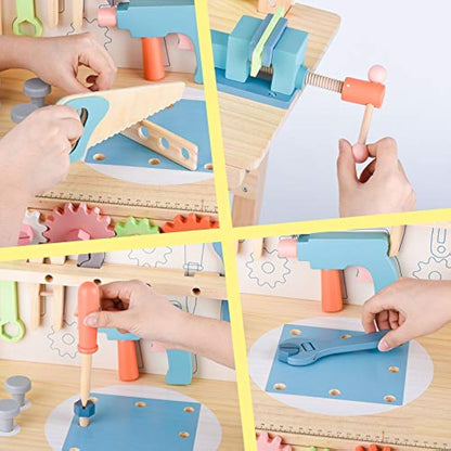 Tool Bench for Kids Toy Play Workbench Wooden Tool Bench Workshop Workbench with Tools Set Wooden Construction Bench Toy for 3 4 5 Year Old Boys Girls