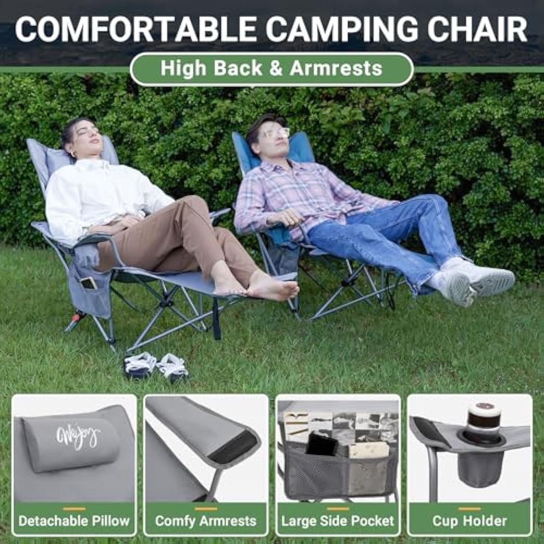 #WEJOY Camping Chairs Folding Recliner Chair Adjustable with Detachable Footrest Headrest Cup Holder Lightweight Portable Padded Reclining Camp Chair Fold Up Chair for Beach Garden,Grey Set of 2