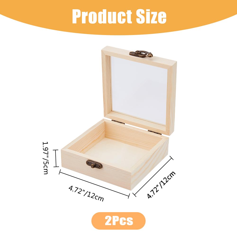 DICOSMETIC 2pcs Wooden Box with Glass Lid Small Wooden Box with Clear Lid Unfinished Wood Gift Boxes with Metal Clasp for Jewelry Storage Gift