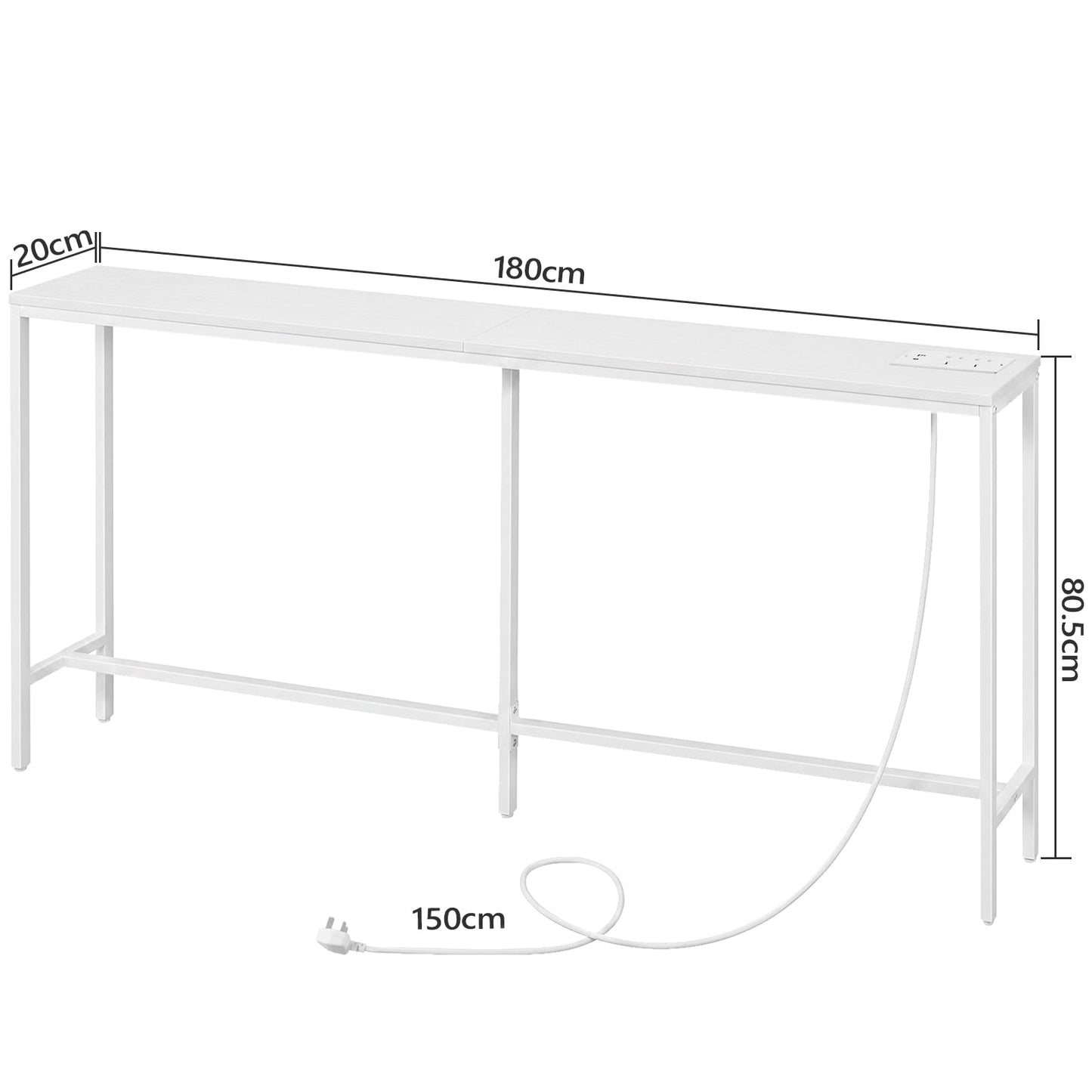 MAHANCRIS Console Table with Power Outlet, 180 cm Narrow Sofa Table, Industrial Entryway Table with USB Ports, Behind Couch Table for Entryway