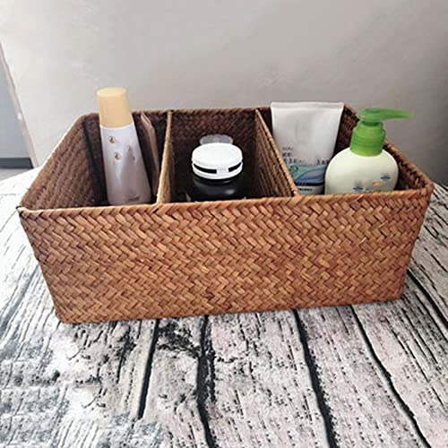 Giilayky 3-Section Wicker Baskets for Shelves, Hand-Woven Seagrass Storage Baskets Toilet Paper Basket