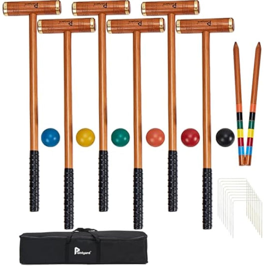 Pointyard 35’’ Six Player Croquet Set, Deluxe Croquet Set with Wooden Mallets/Colored Ball/Wickets/Stakes for Adults/Teens/Family-Perfect for Lawn/Backyard Game/Park (Includes Carry Bag)