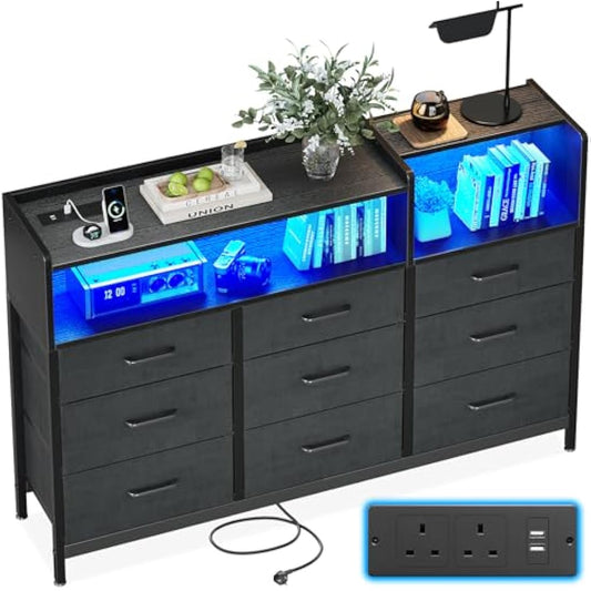 ODK Black Chest of Drawers Bedroom, Dresser Cabinet with 2 Sockets, 2 USB Ports and 10 Colored LED Strips, Chest Drawers with Shelf 9 Fabric Drawers for Bedroom Living Room, 130 * 30 * 97cm