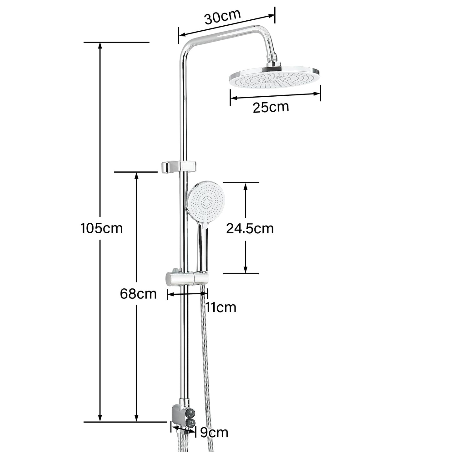 Shower Riser Rail Kit Chrome 10" Round Rainfall Shower Head and 3 Jet Types Handheld Shower Height Adjustable Shower Set Without Mixer Tap Brass