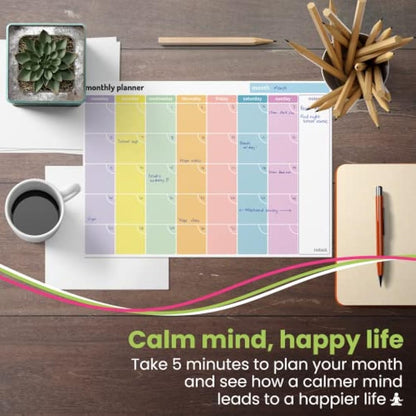 Monthly Planner Pad – A4 Undated Calendar and Scheduler – 52 Journal Sheets with Colour Coded Days and Notes area. For work home and study revision – 100gsm paper (Single Pack)