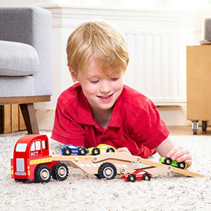 New Classic Toys - Wooden Car Transporter with 4 Vehicles - Montessori Toys, Car Game - Set of 1