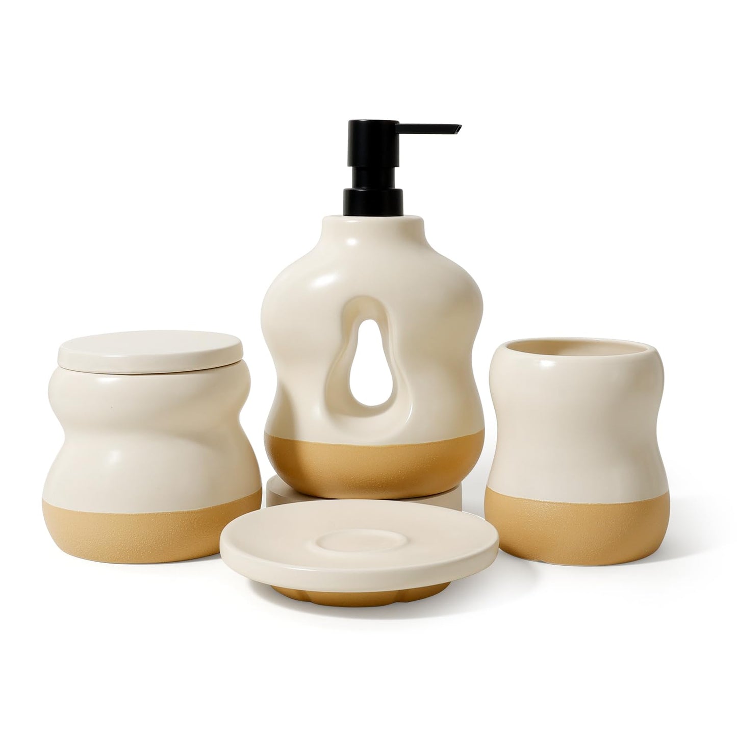 BosilunLife Bathroom Accessories Set of 4 - Beige&Orange Bathroom Countetop Soap Set Lotion Soap Dispenser Sets Toothbrush Holder and Soap Dish