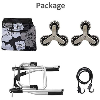 Folding Shopping Trolley 6 Wheels Stair Climber Cart with Removable Bag and Adjustable Elastic Cord 2 Extra Pockets Utility Trolley maximum capacity 50kg 45L Flower